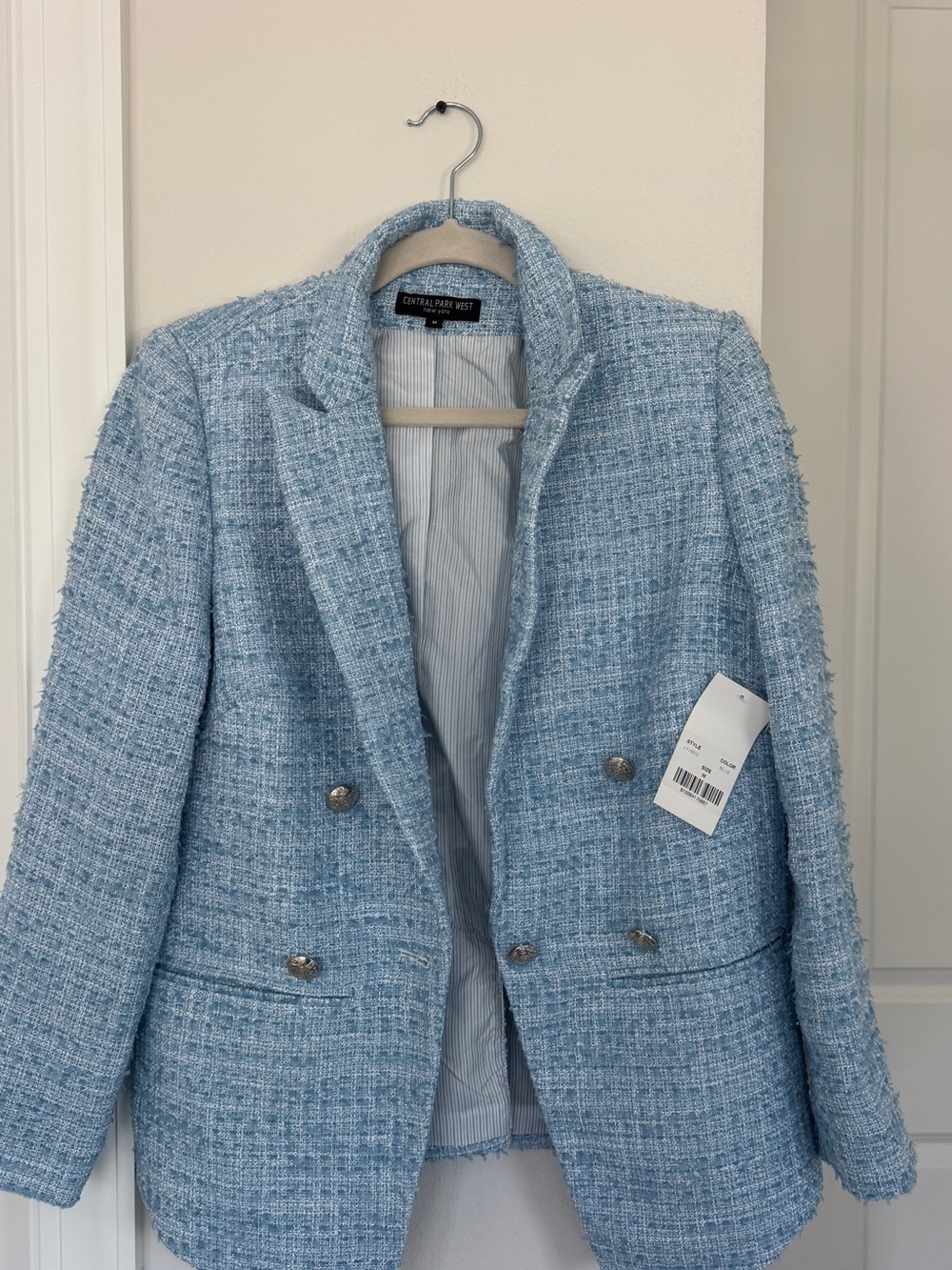 Central Park West Women's Light Blue Tweed Blazer Jacket